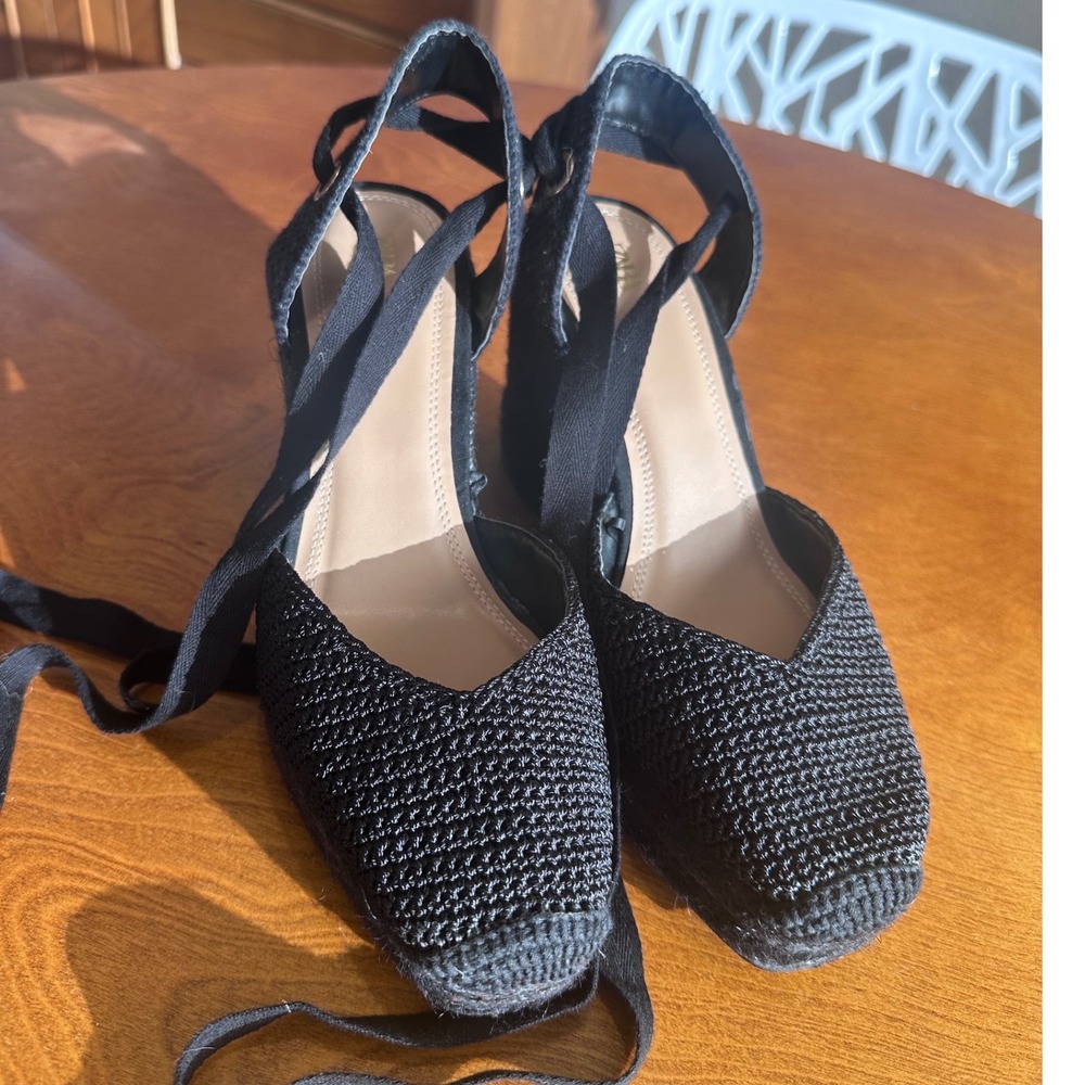 Zara Black Espadrille Wedge Sandals Lace Up Ankle Tie Woven Jute Heels 38 - Picture 3 of 7